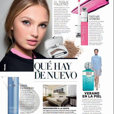 Articulo de Harper´s Bazaar sobre Wellness Boutique Experience Madrid. en la parte inferior esta el articulo, con una foto de una cabina de tratamiento. en la parte superior izquierda esta el rostro de una mujer. en la lado derecho un kit de maquillaje y pinta labios.. en la parte inferior derecha un perfume con la foto de un modelo vestida de azul andado