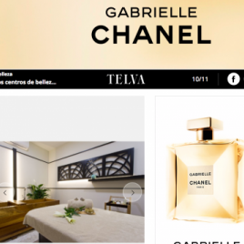 Foto de un articulo mencionando Wellness boutique Experience en la web de Telva. Aparece una foto de una de las lujosas cabinas de tratamiento de Wellness Boutique al lado de la foto aparece un frasco de perfume de la marcha chanel. en la parte superior aparece el logotipo de Chanel en negro sobre fondo dorado