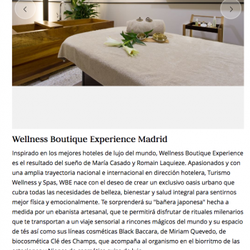 Articulo de la revista Telva donde describen una experiencia en Wellness Boutique Experience Madrid. En la parte superior aparece una foto de una cabina moderna y elegante, y por debajo, el texto explicativo